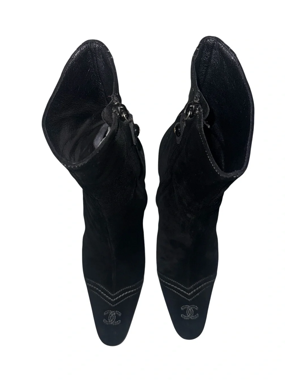 CHANEL CC Logo Black Suede Pointed Toe Stiletto Ankle Boots IT37